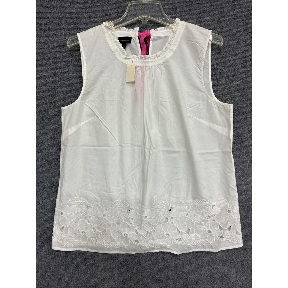 Talbots White Cotton Sleeveless Shell Top Floral Eyelet Hem Pink Ribbon Tie L